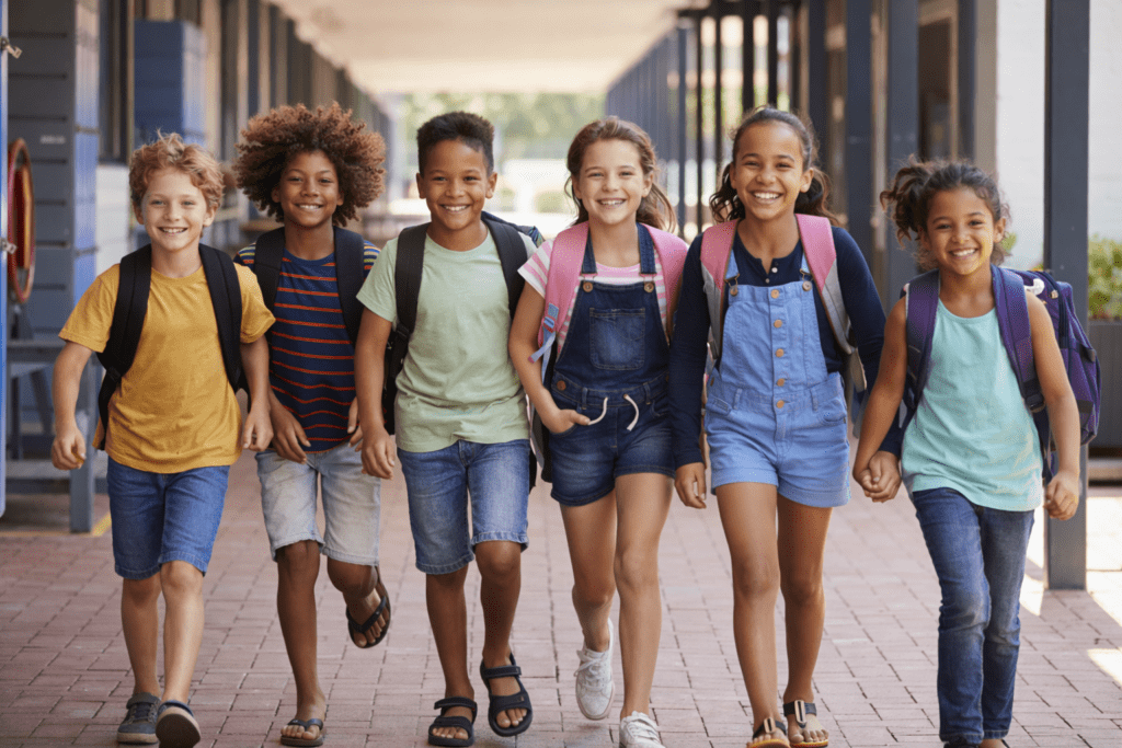 Support School Safety at Home: Smart Ways Parents Can Protect Kids Without Fear 2 Elementary school children walking together confidently at school in a safe environment
