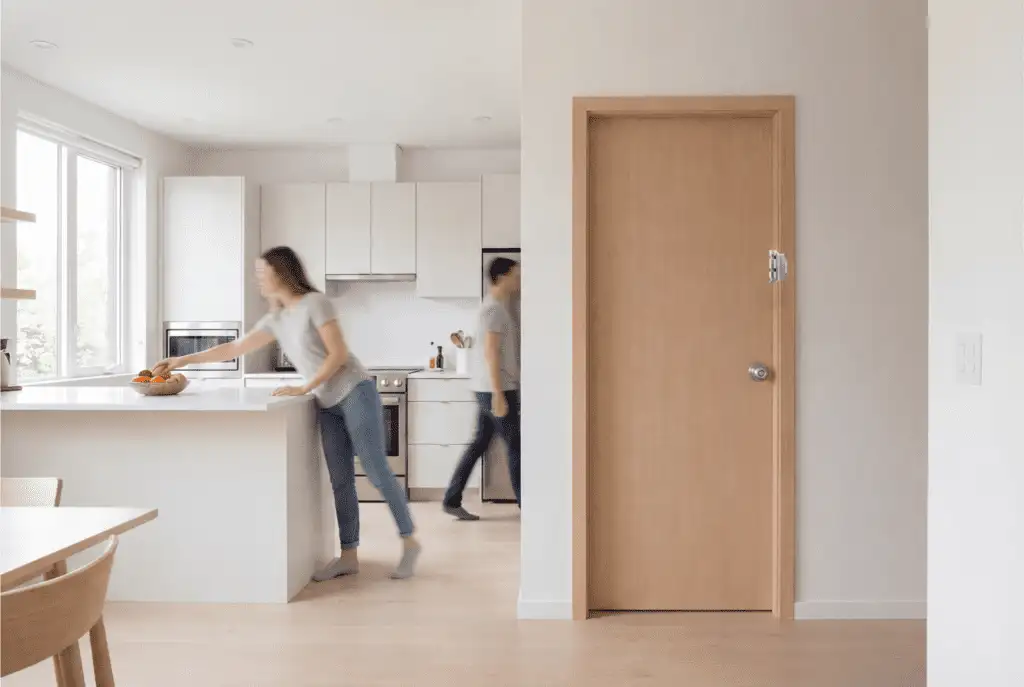Apartment interior door with reinforced frame hardware, showing apartment door security in a rental home setting