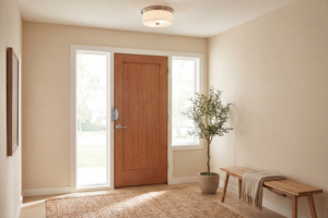 Interior entry door with reinforced frame hardware, showing retrofitting existing doors for safety