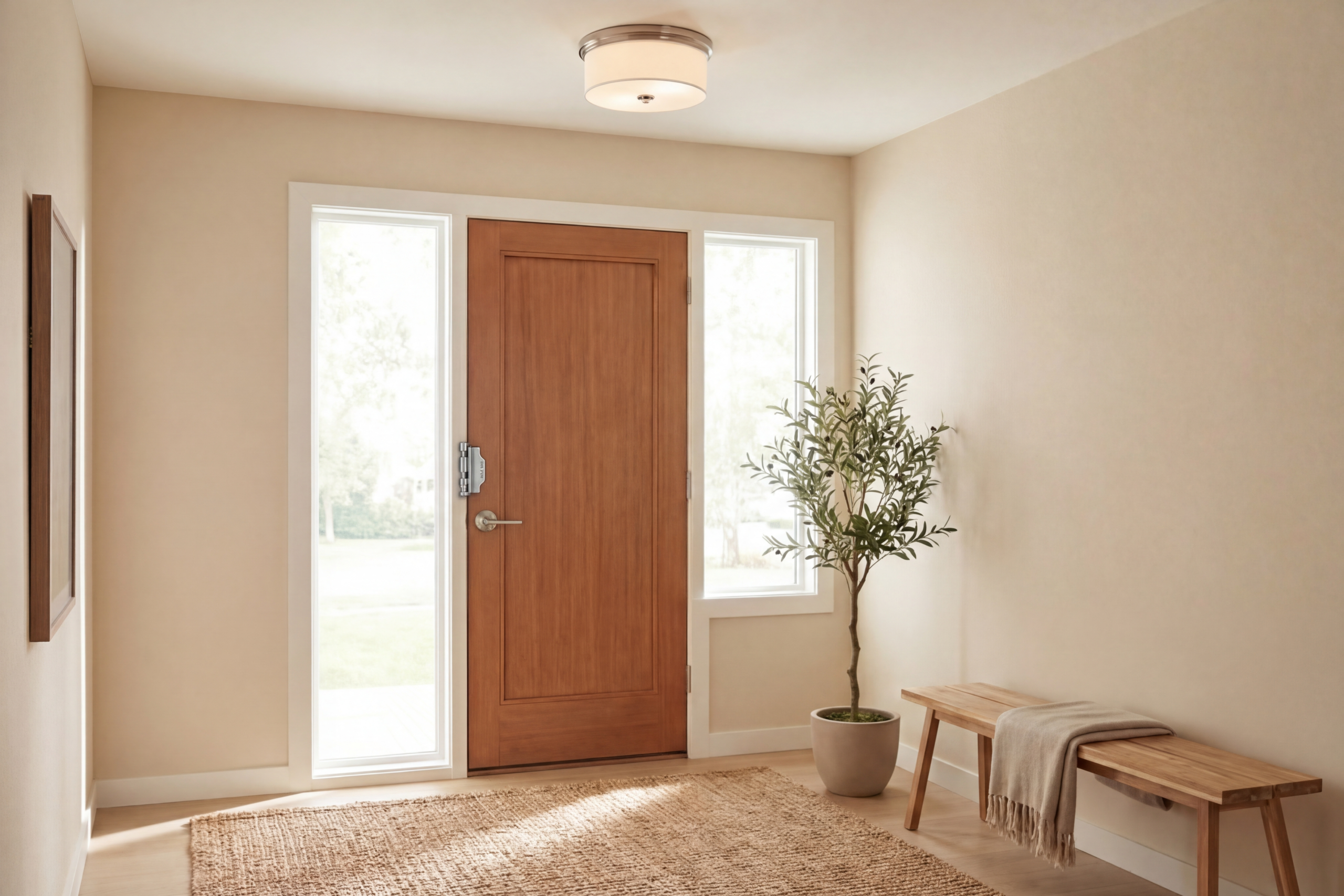 Interior entry door with reinforced frame hardware, showing retrofitting existing doors for safety