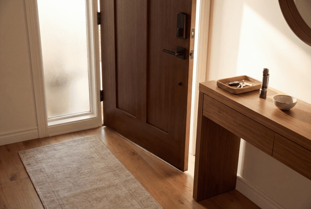 Safety Enhancements Without Construction 1 Safety enhancements without construction shown with a secure front door, organized entry table, and emergency flashlight