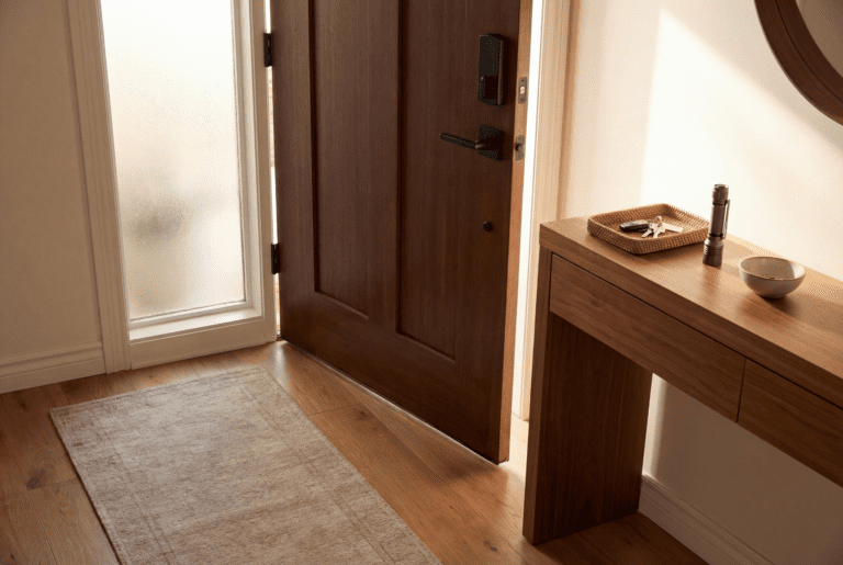 Safety enhancements without construction shown with a secure front door, organized entry table, and emergency flashlight