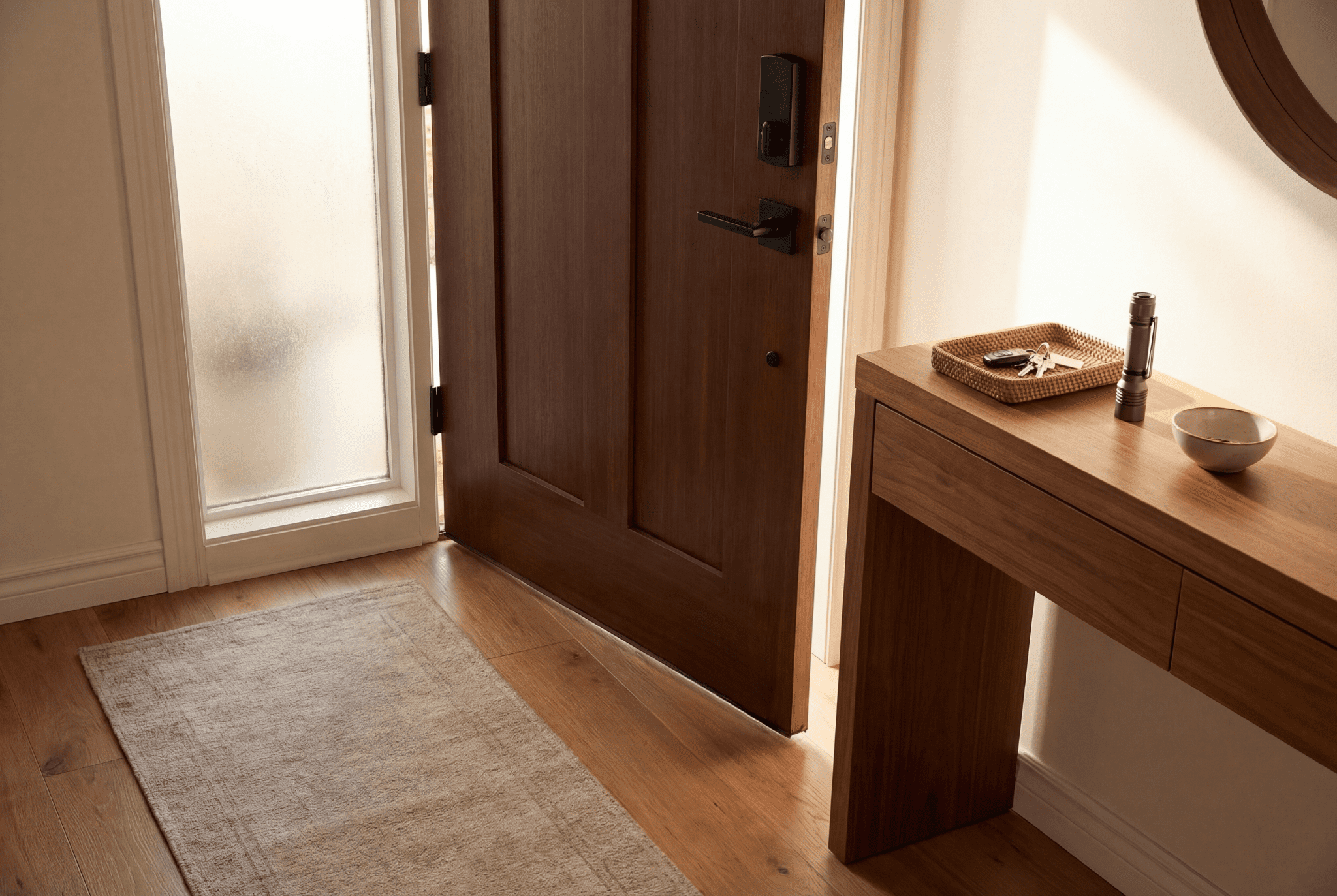 Safety enhancements without construction shown with a secure front door, organized entry table, and emergency flashlight