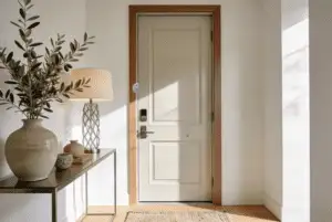 Apartment entry door with interior reinforcement lock, showing apartment door security in a renter-friendly home setting