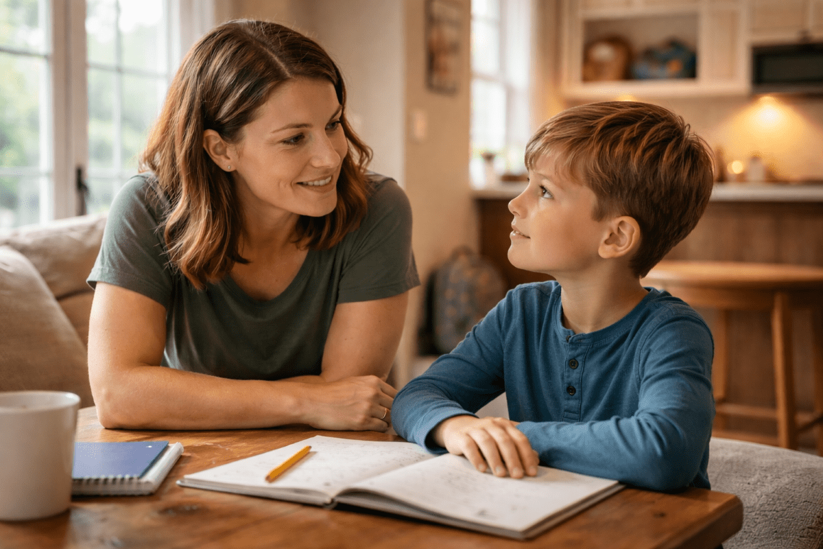 Parent talking with child at home about school safety lessons in a calm and supportive setting