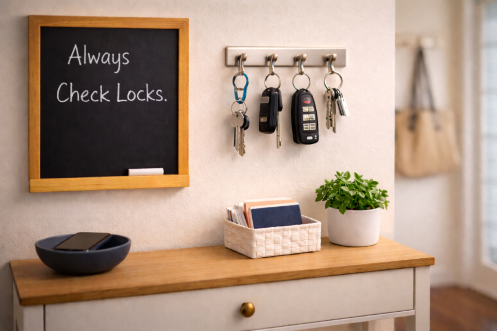 Budget-Friendly Home Security Tips for Everyday Protection 2 Home entryway reminder to check locks with key rack as a budget-friendly home security habit