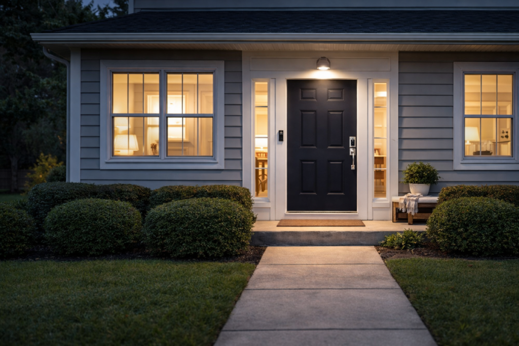 Budget-Friendly Home Security Tips for Everyday Protection 1 Well-lit home exterior with front door and entry lighting as a budget-friendly home security improvement