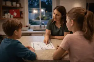 Family reviewing a home safety plan together as part of layered safety at home