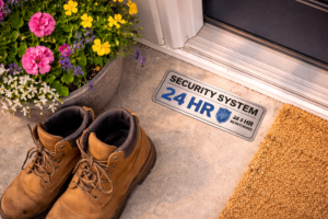 Home entryway with security system sign and front door area as a budget-friendly home security tip