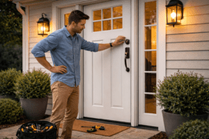 First line of defense for your home shown through front door hardware inspection and entry-point reinforcement
