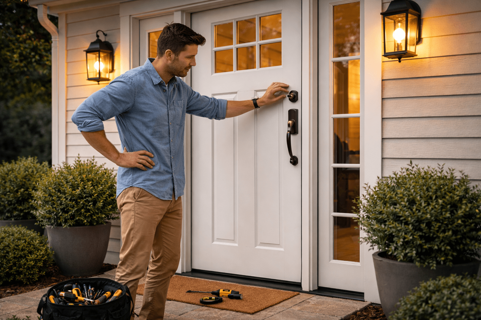 First line of defense for your home shown through front door hardware inspection and entry-point reinforcement