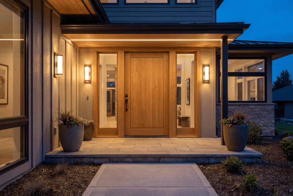 First line of defense for your home with a secure front door, sidelights, and well-lit entryway