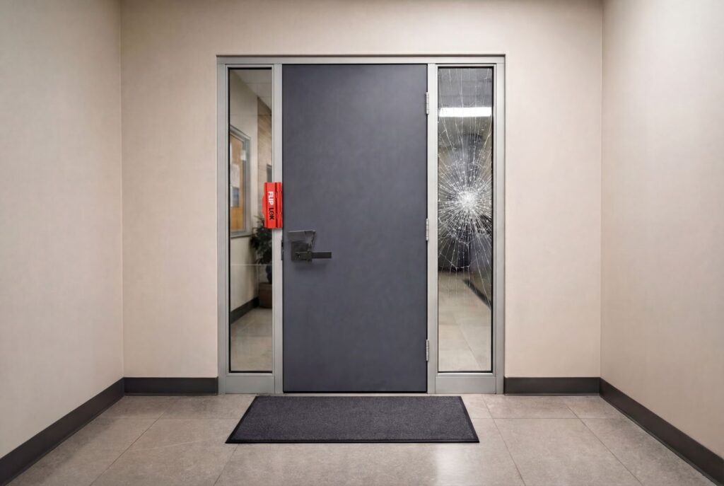 Retrofitting existing doors for safety with reinforced frame hardware interior locking and security window film