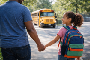 Parent walking child to school and reinforcing school safety lessons at home through routines and calm preparation