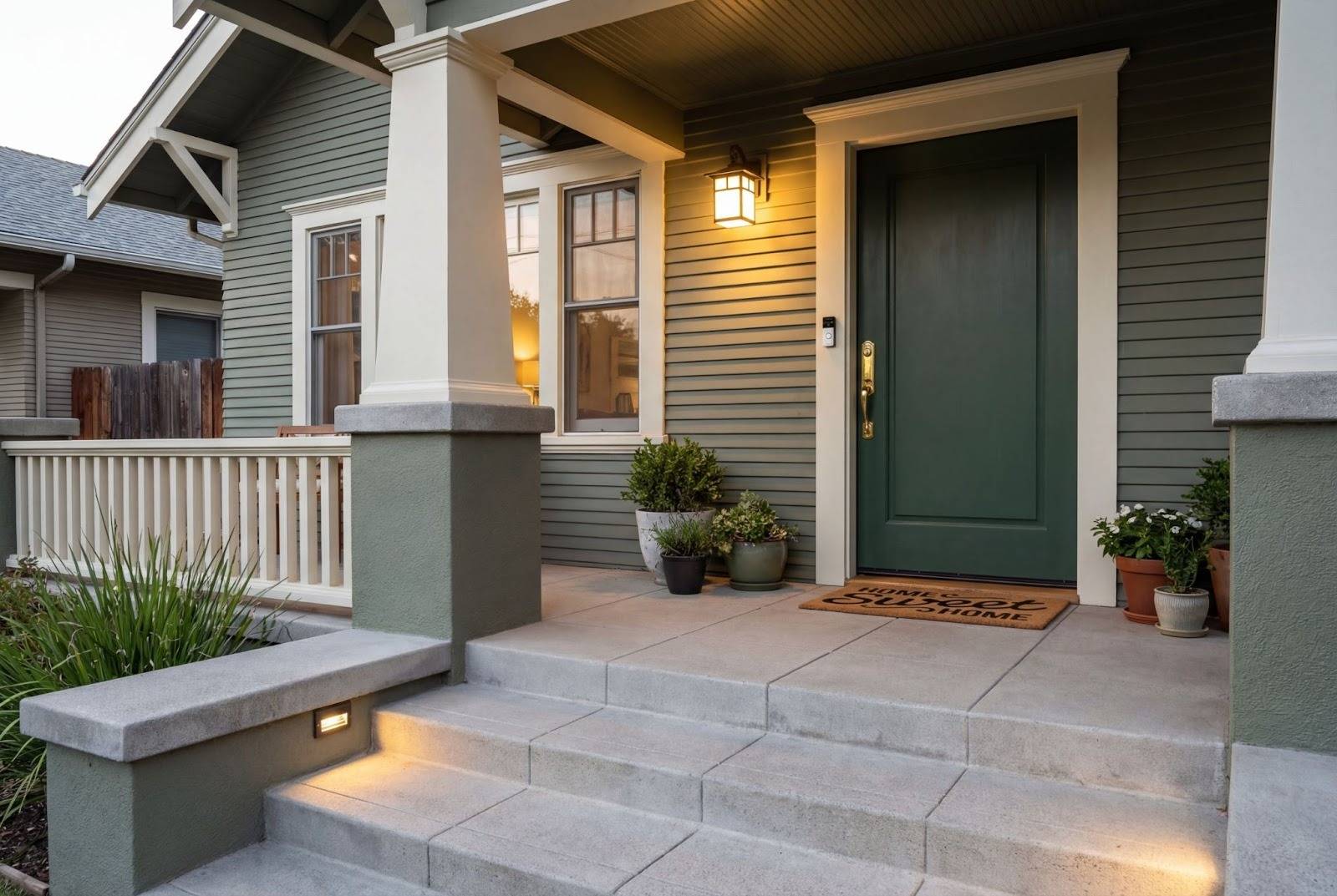 Older home exterior with front door, porch lighting, and illuminated steps showing affordable safety upgrades for older homes