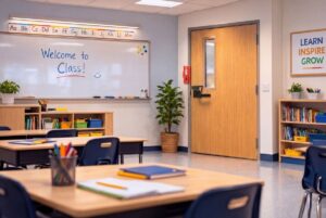 Classroom door with secure locking hardware as part of school safety improvements