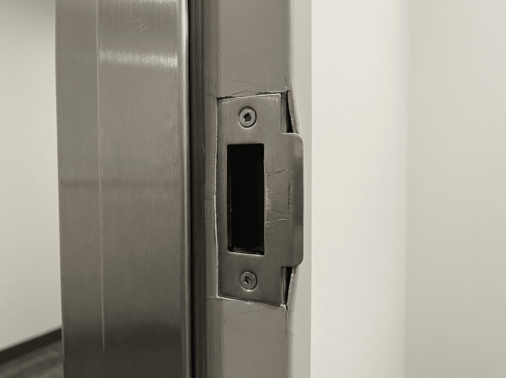 Total door system showing strike area damage and frame cracking near the latch