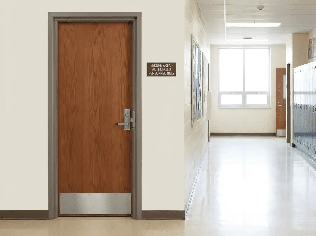 Total door system shown through a school hallway door with frame, hinges, and lock working together
