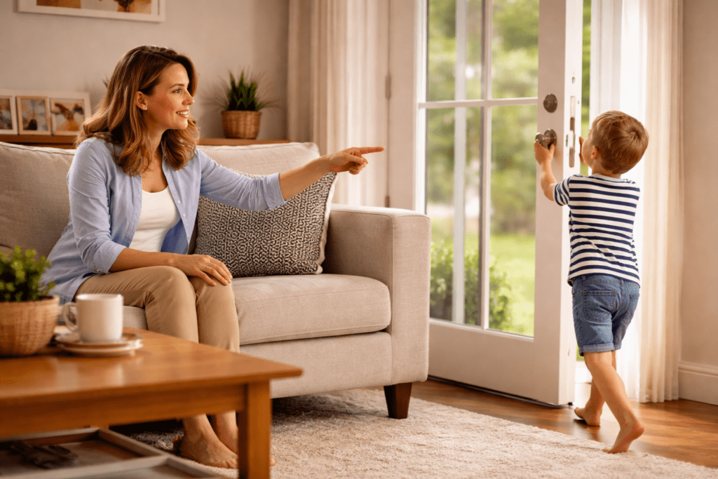 Why Closed Doors Matter in Emergencies for Safer Kids and Classrooms 1 Why closed doors matter in emergencies for kids, showing a parent teaching a child to close the door calmly at home