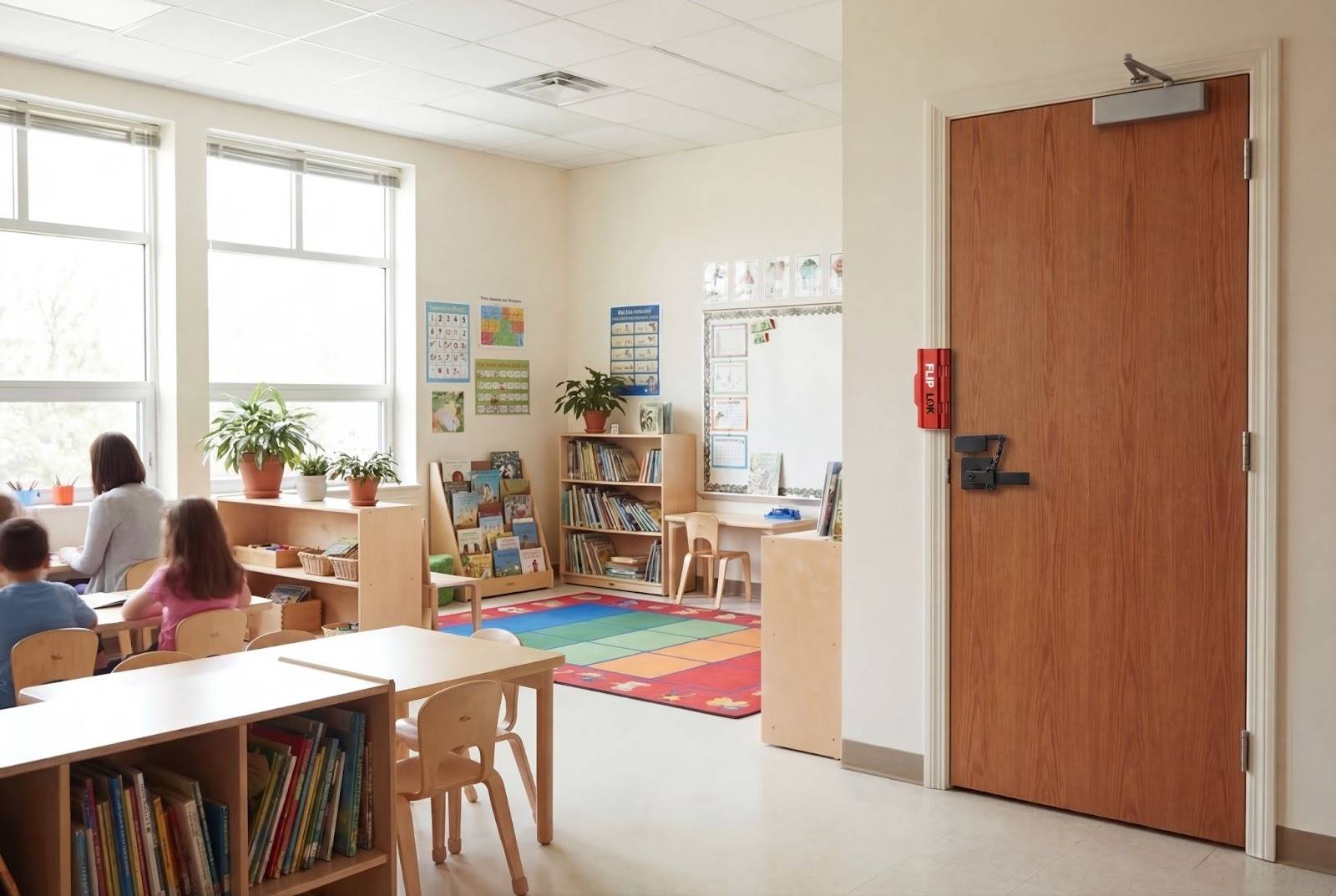 Why closed doors matter in emergencies for kids and classrooms, shown through a secure classroom door and calm learning environment