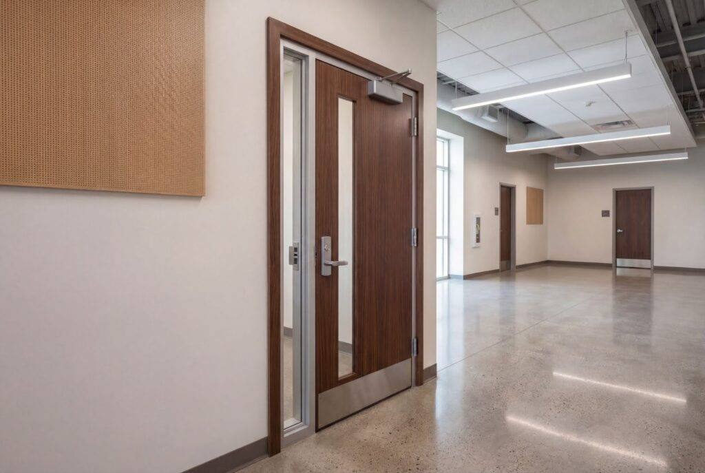 Total door system with classroom door, vision panel, and surrounding frame in a school setting