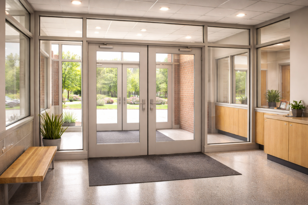 School safety and security at a main entrance with doors, vestibule glazing, and reception visibility