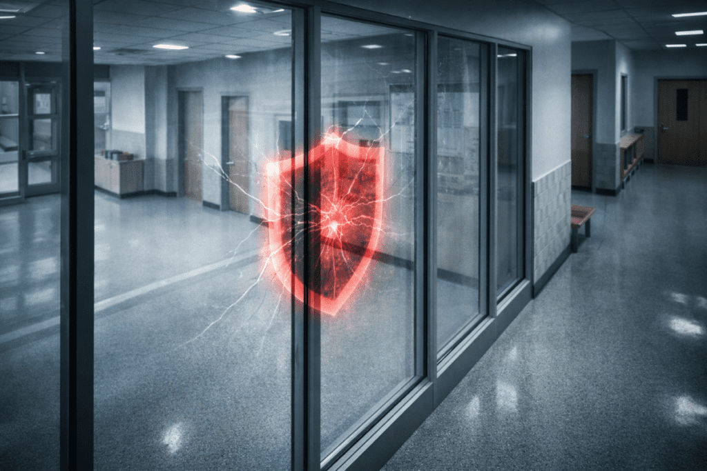 School safety and security risk shown through cracked school glazing near an entry boundary