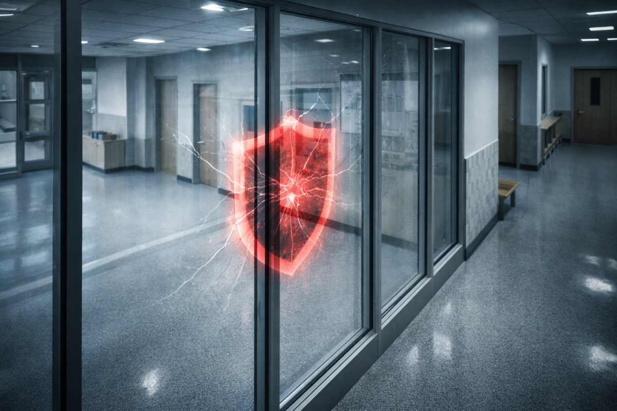 School safety and security risk shown through cracked school glazing near an entry boundary