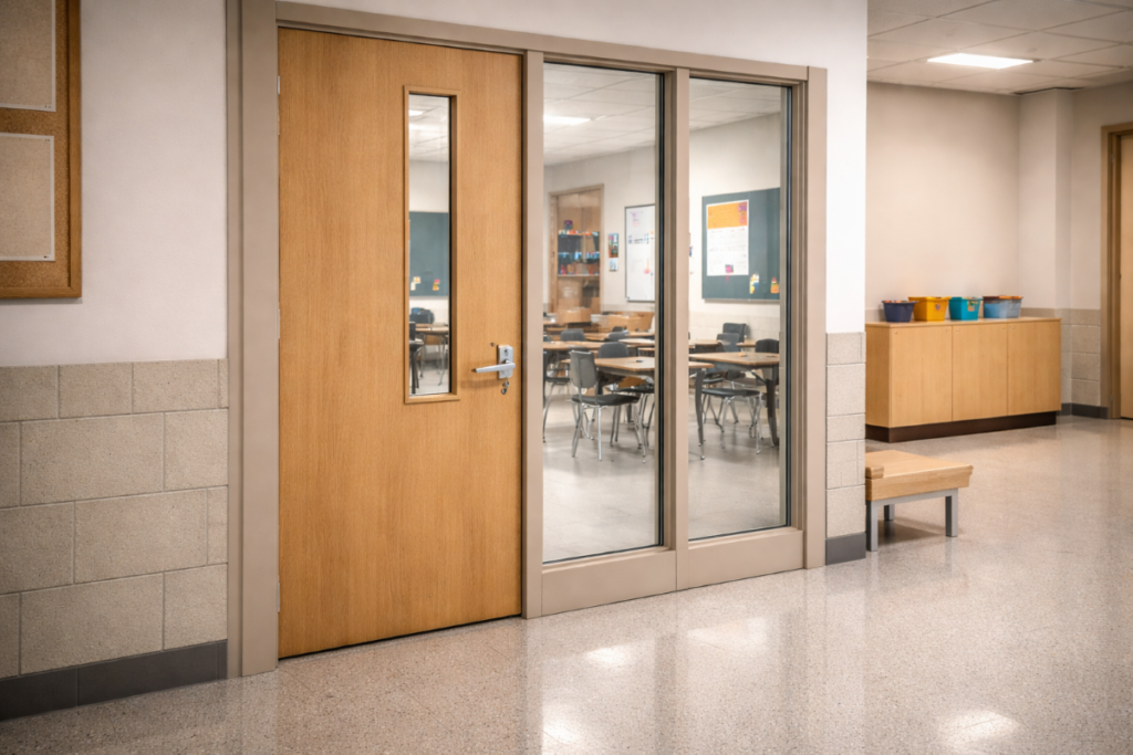 School safety and security shown through classroom door glazing and adjacent sidelights in a school hallway