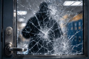 Glass shatters during an invasion attempt near a school door, creating a bypass point beside the lock