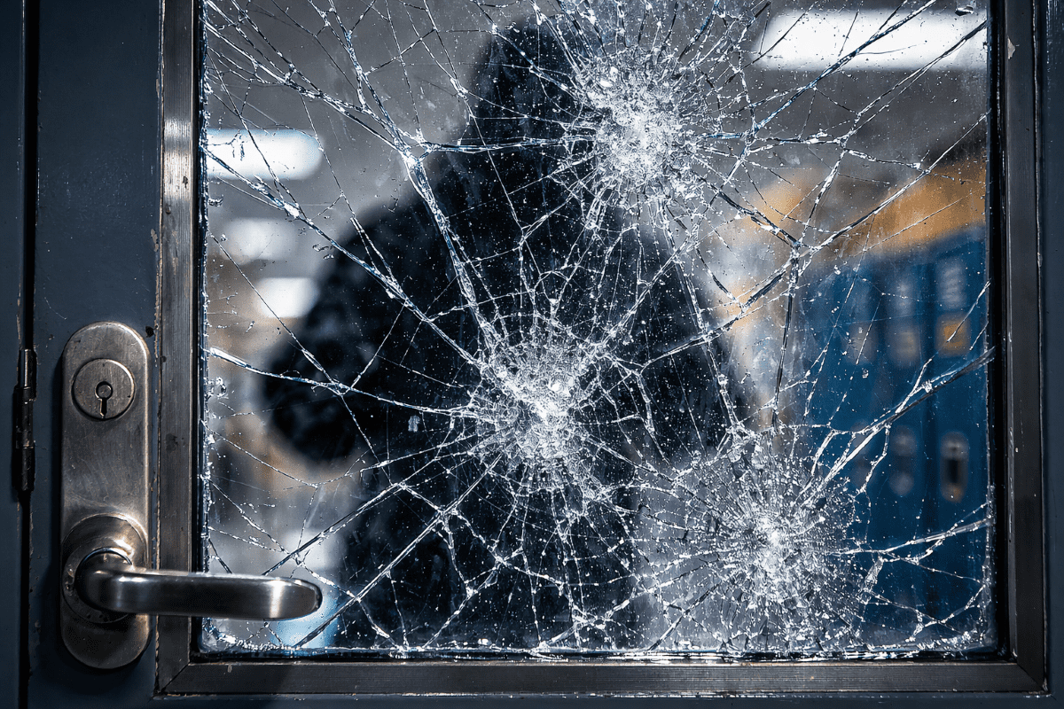 Glass shatters during an invasion attempt near a school door, creating a bypass point beside the lock