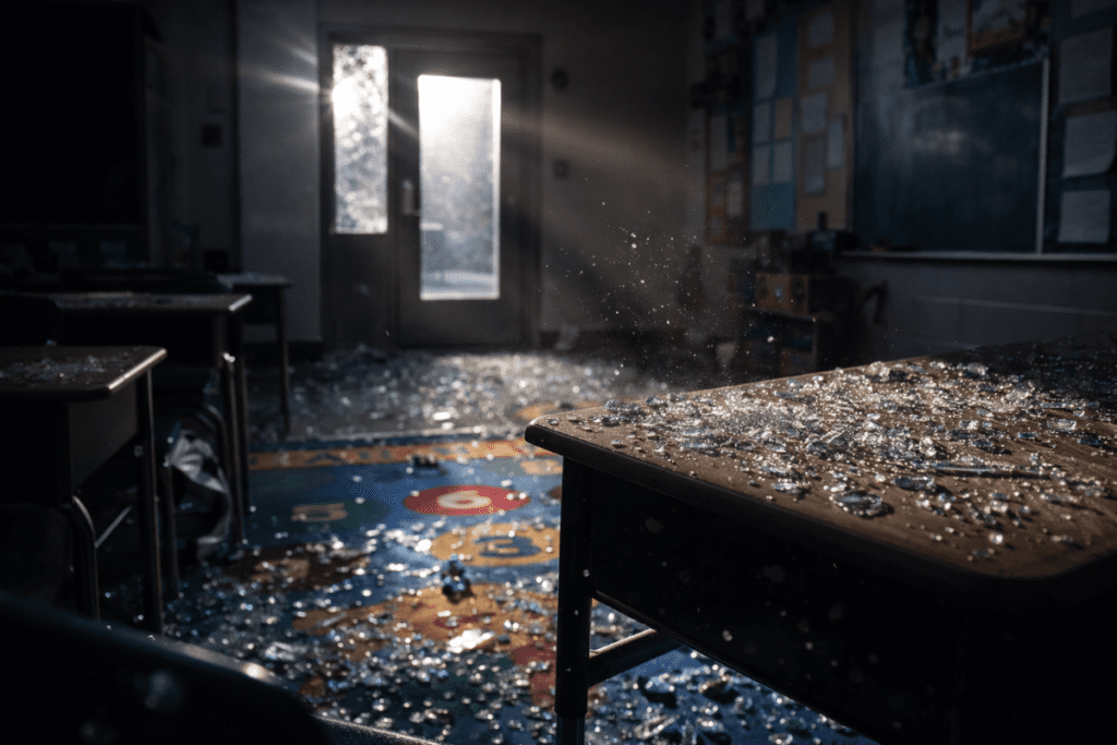 Glass shatters during an invasion attempt in a classroom, leaving broken glass across desks and floors