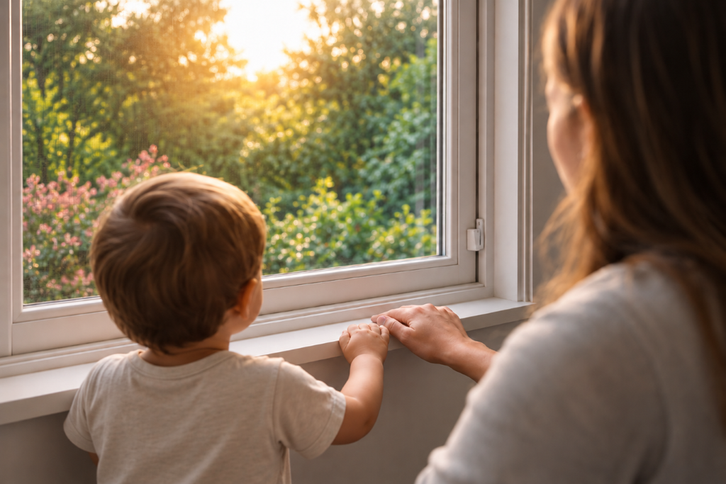 Window Safety Tips for Homes With Children 1 Parent and child practicing window safety tips for home while looking through a secure window.