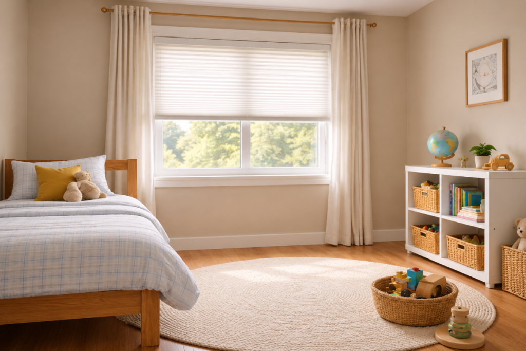 Window Safety Tips for Homes With Children 2 Child-friendly bedroom with a secured window, illustrating window safety tips for home.