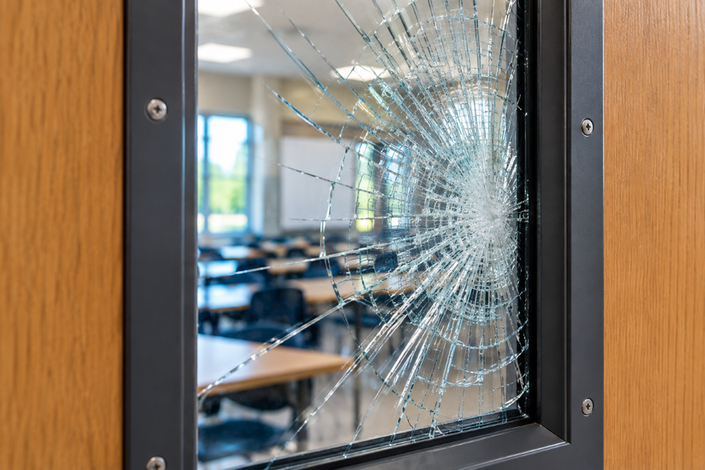 Security window film holding cracked classroom glass together to help delay access after impact.