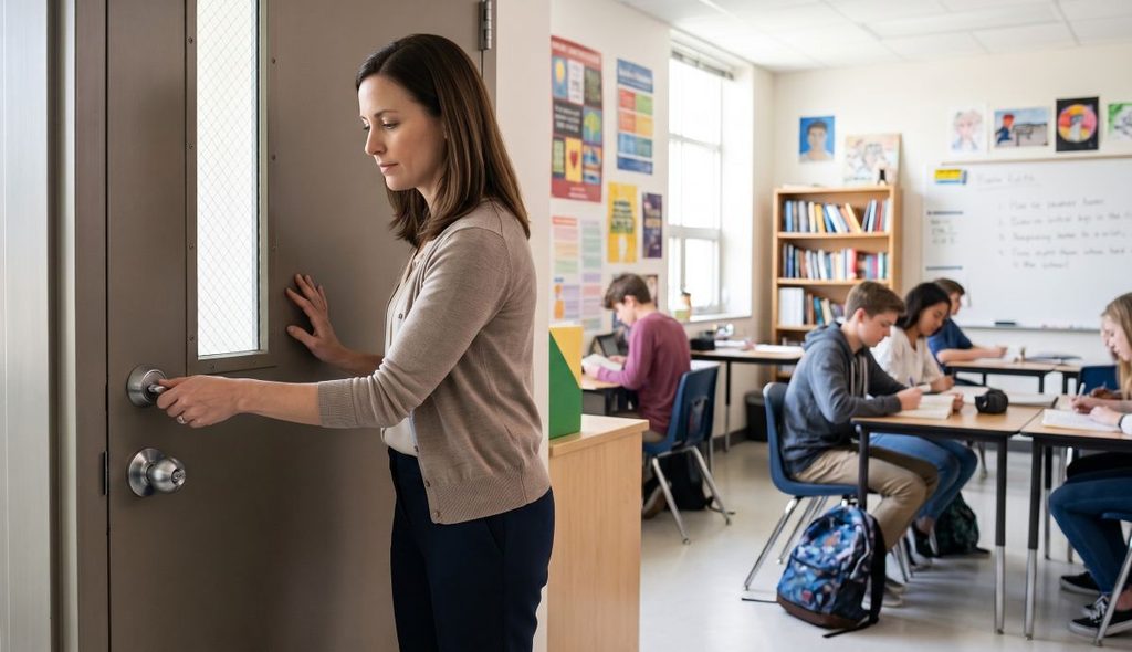 How Schools Can Prepare Without Creating Fear 1 Teacher using reliable classroom door security as schools prepare without creating fear