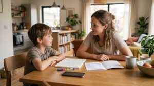 Parents can model calm safety behavior through reassuring conversations and simple family preparedness routines