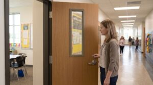 Why Speed and Simplicity Matter Under Stress with a teacher using reliable classroom door locking hardware