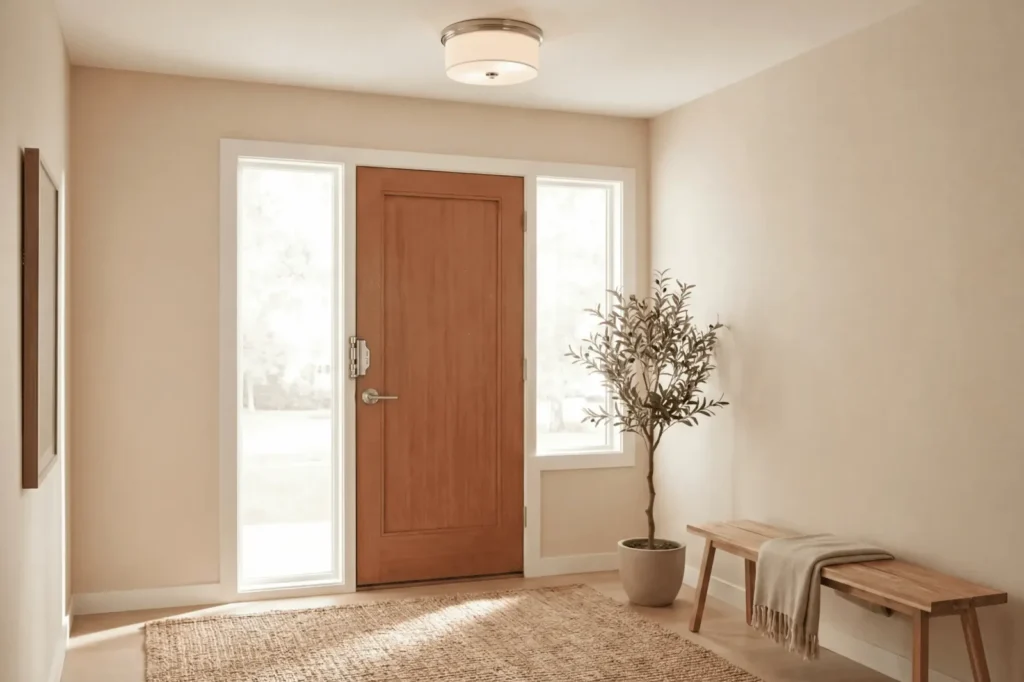 Interior entry door with reinforced frame hardware, showing retrofitting existing doors for safety