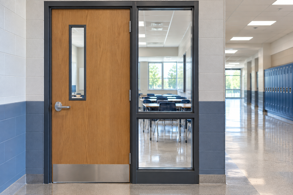 Security film for classroom door vision panels and sidelight glass as part of layered school safety