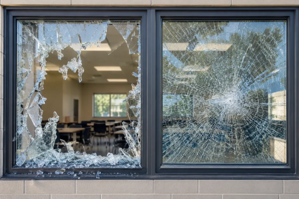Security film holding shattered glass together during forced entry attempts to help delay access