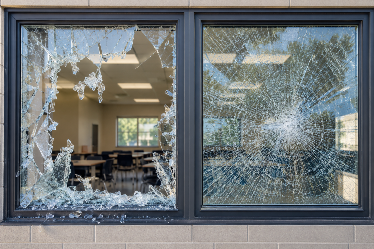 Security film holding shattered glass together during forced entry attempts to help delay access
