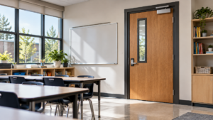 Hardening a classroom with strong door security, interior locking, reinforced hardware, and protected glass