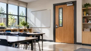 Hardening a classroom with strong door security, interior locking, reinforced hardware, and protected glass