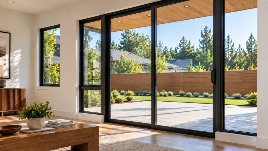 Security film at home protecting a ground-level sliding glass door as part of layered home safety