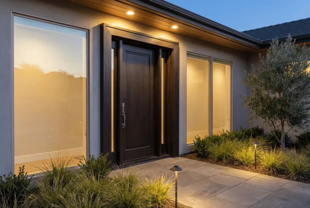 Residential front door with secure lock illustrating simple physical security upgrades for homeowners.