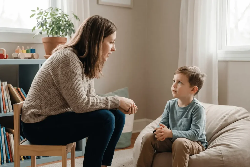 Parent talking with a child about safety and awareness at home