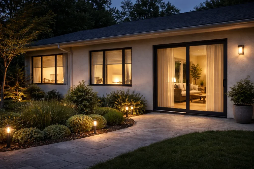 Vacation safety sliding glass doors and window risks with closed sliding glass door privacy curtains and evening lighting