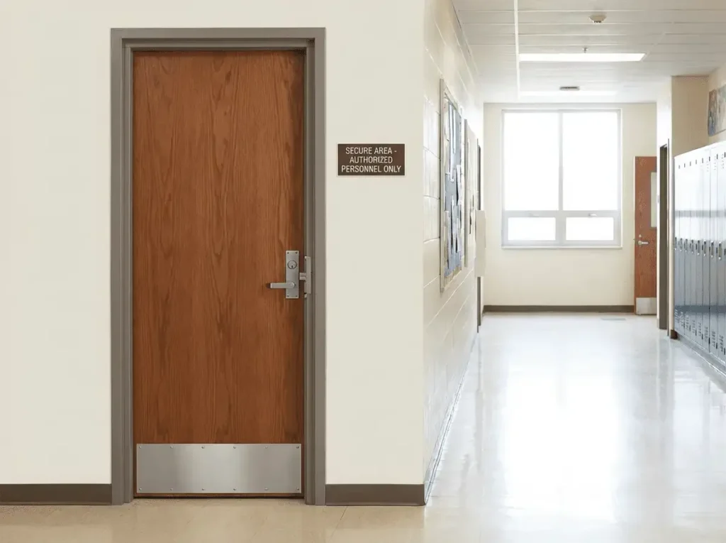 Total door system shown through a school hallway door with frame, hinges, and lock working together