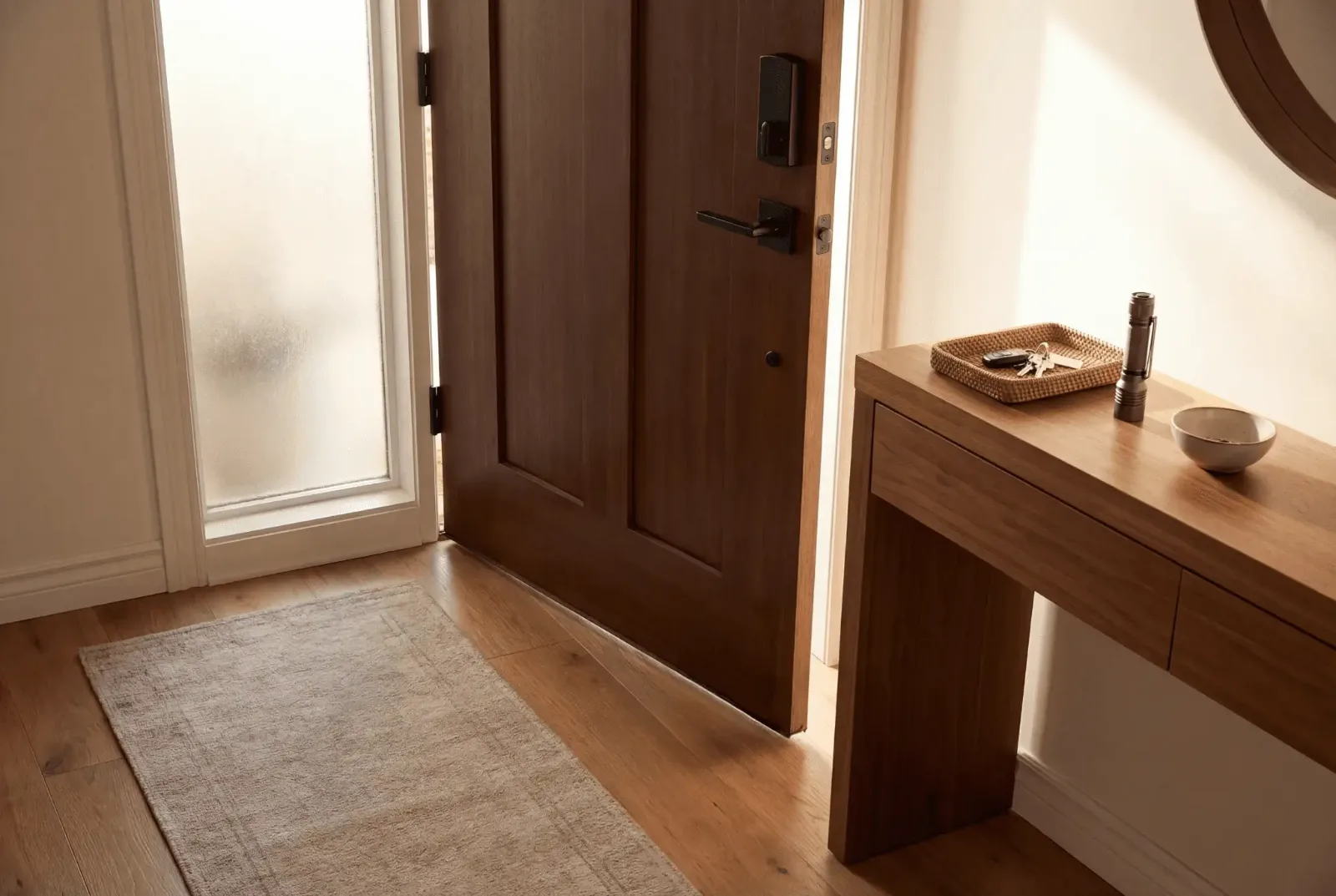 Safety enhancements without construction shown with a secure front door, organized entry table, and emergency flashlight